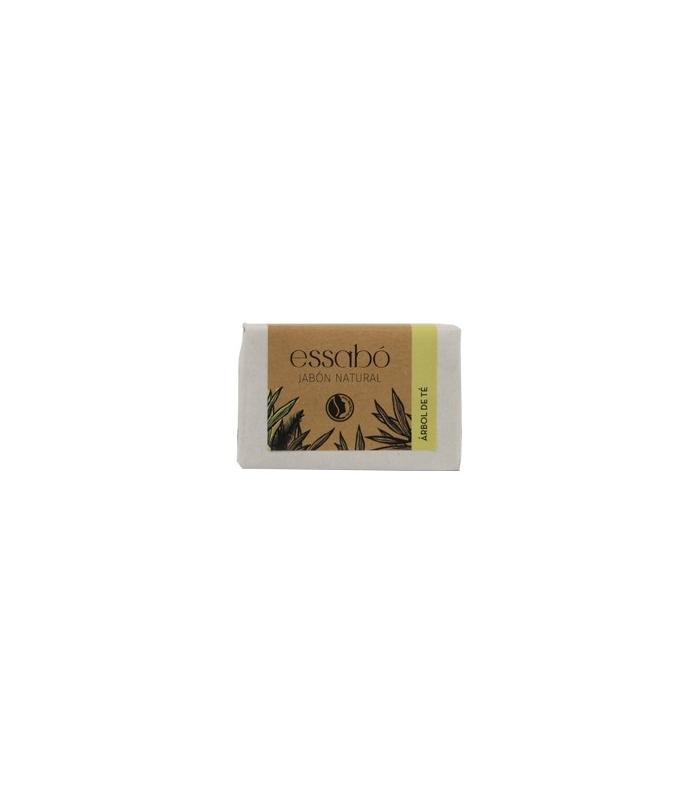 Pastilla rectangular de jabón natural Essabo color blanco crema, envuelta con etiqueta marrón y verde que indica "Árbol de Té".