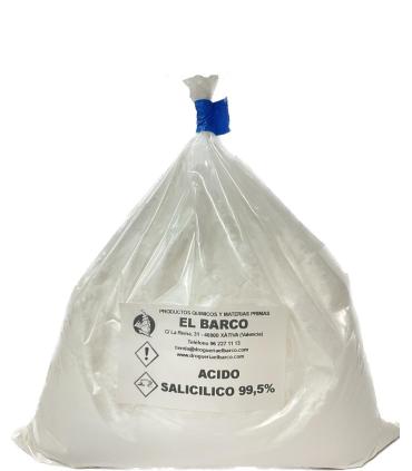 Saco transparente de 1kg de ácido salicílico blanco en polvo, sellado con un cierre azul.