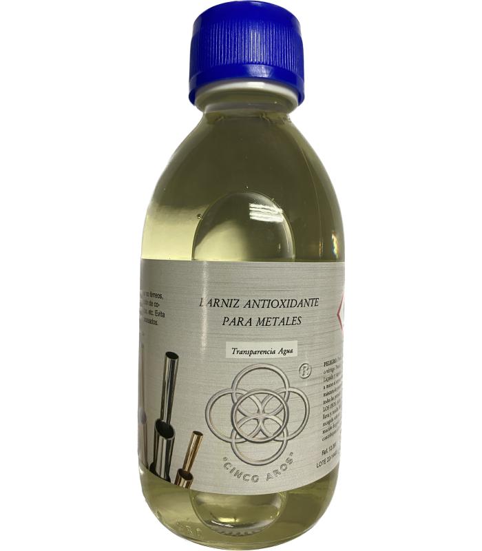 Barniz antioxidante para metales, líquido transparente en botella plástica de 250 ml con tapa azul.