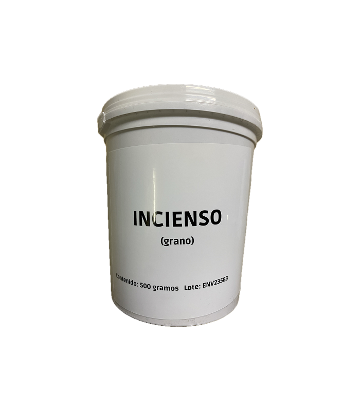 Bote cilíndrico de plástico blanco con tapa que dice INCIENSO (grano) en letras negras y contiene 500 gramos de producto.