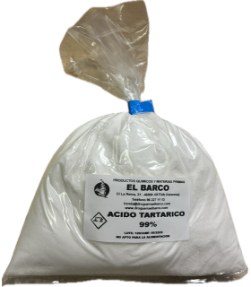 Bolsa transparente de plástico sellada con 1 kg de ácido tartárico blanco en polvo, etiquetada como "El Banco".