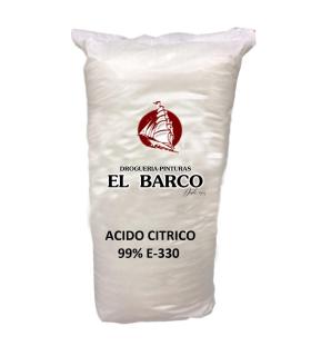 Saco transparente con cristales blancos de Ácido Cítrico Monohidratado 99%, marca El Barco, 25 kg.