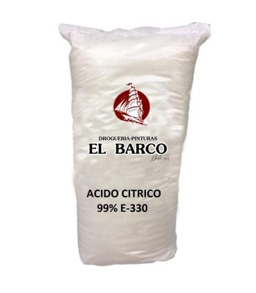 Saco transparente con cristales blancos de Ácido Cítrico Monohidratado 99%, marca El Barco, 25 kg.