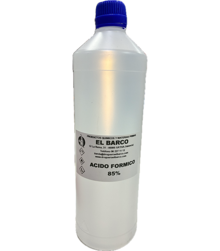 Botella de plástico transparente con tapa azul, conteniendo un litro de ácido fórmico al 85% con etiqueta informativa blanca.