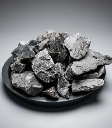 Carburo de calcio gris oscuro, trozos irregulares apilados sobre un plato negro plano, fondo gris neutro.