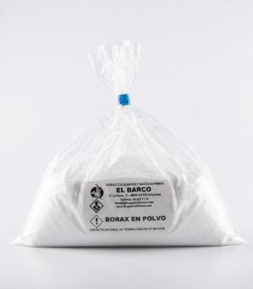 Bolsa de plástico transparente con 1 kg de bórax granular blanco, etiqueta frontal y cierre superior azul.