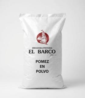 Saco industrial blanco en posición vertical con el logotipo rojo de El Barco y texto negro centrado que dice Pómez en Polvo.