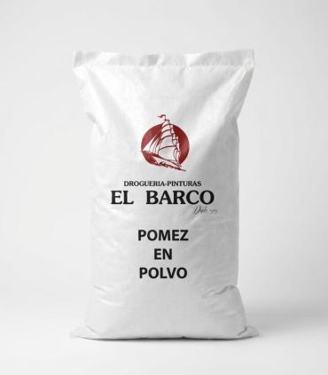Saco industrial blanco en posición vertical con el logotipo rojo de El Barco y texto negro centrado que dice Pómez en Polvo.