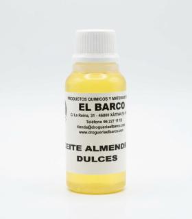 Frasco pequeño de plástico transparente con tapa blanca, conteniendo aceite de almendras dulces de color amarillo claro.