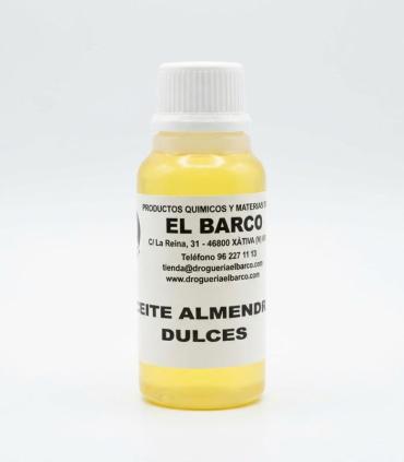 Frasco pequeño de plástico transparente con tapa blanca, conteniendo aceite de almendras dulces de color amarillo claro.