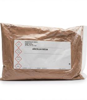 Bolsa transparente de 1 kg de arcilla roja en polvo, con etiqueta central que indica el producto.