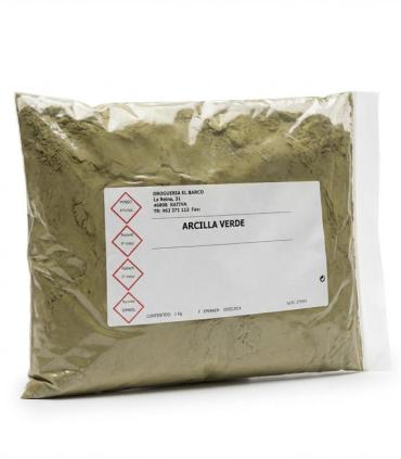 Bolsa transparente sellada con 1 kilogramo de arcilla verde en polvo, etiquetada como "Arcilla Verde".