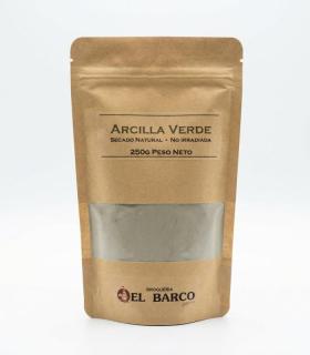 Bolsa tipo *doypack* marrón con ventana transparente que muestra arcilla verde en polvo, etiquetada como Arcilla Verde 250 Grs.