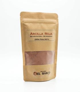 Bolsa resellable de papel kraft marrón con ventana transparente que muestra arcilla roja en polvo de 250 gramos.