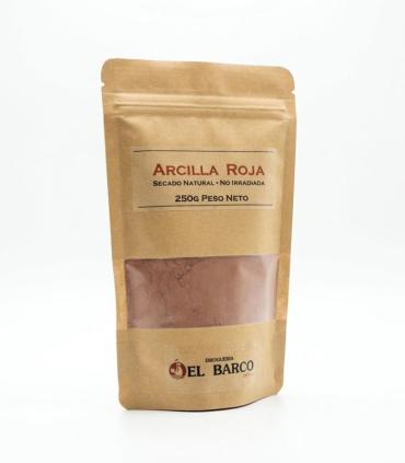 Bolsa resellable de papel kraft marrón con ventana transparente que muestra arcilla roja en polvo de 250 gramos.
