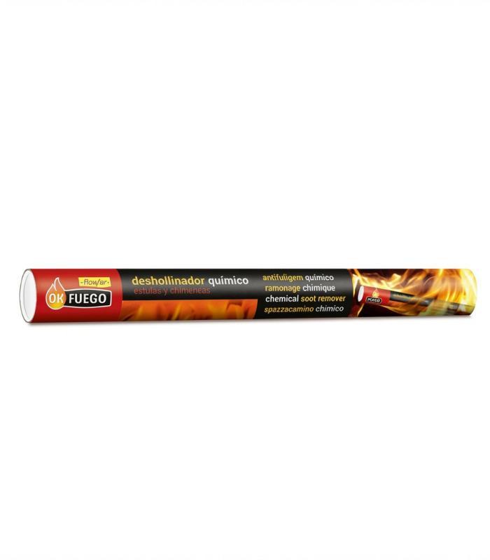 Deshollinador monodosis de 150g en un envase cilíndrico largo con etiquetas marrones y naranjas.