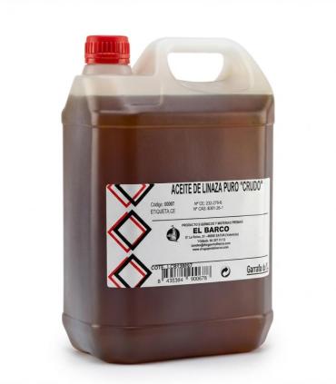 Garrafa plástica transparente de 5 litros con aceite de linaza crudo ámbar oscuro y tapa roja.