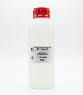 Botella cilíndrica de plástico blanco translúcido con tapa roja, contiene Tolueno 99% de 1 Litro.