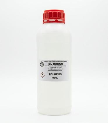 Botella cilíndrica de plástico blanco translúcido con tapa roja, contiene Tolueno 99% de 1 Litro.