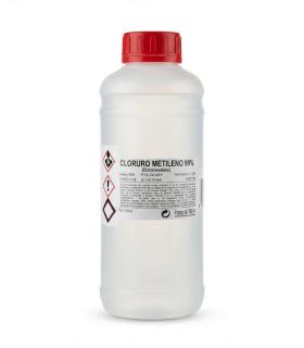 Botella plástica transparente de 1 litro con tapa roja, conteniendo Cloruro de Metileno, con etiquetas de advertencia.