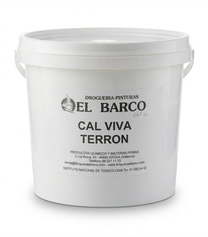 Cubo blanco de plástico con asa, conteniendo 5 kg de Cal Viva Terrón, marca El Barco.