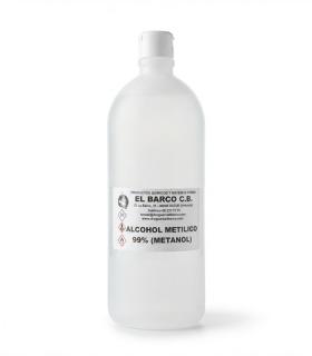 Botella plástica translúcida de 1 litro con tapa blanca, conteniendo alcohol metílico 99% (metanol) de apariencia incolora.
