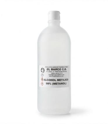 Botella plástica translúcida de 1 litro con tapa blanca, conteniendo alcohol metílico 99% (metanol) de apariencia incolora.