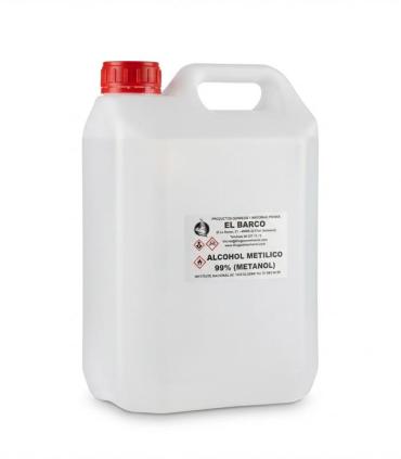 Alcohol Metílico 99% Metanol en envase de 5 litros, disolvente industrial de alta pureza para procesos técnicos.