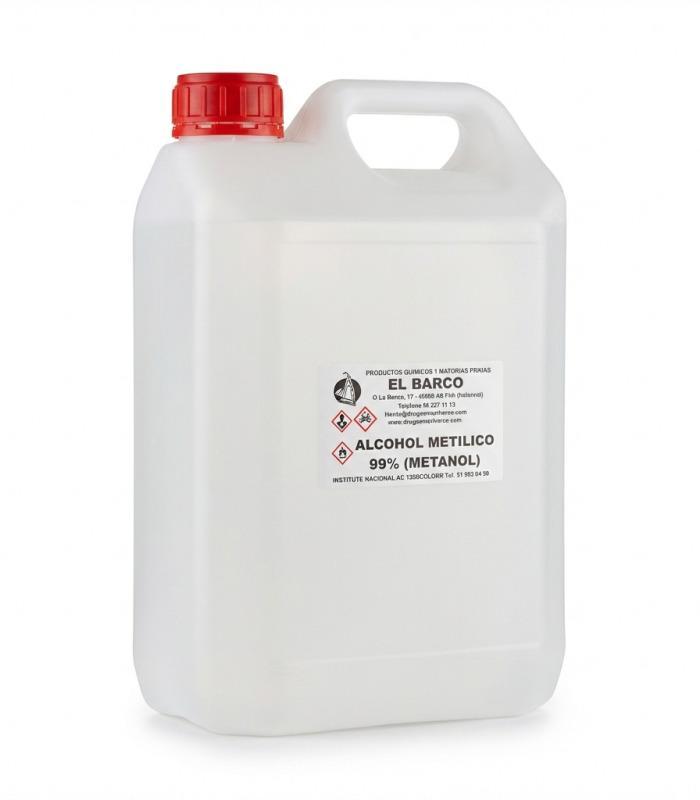 Bidón blanco de plástico de 5 litros con tapa roja, conteniendo Metanol 99%.