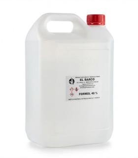 Bidón blanco translúcido de 5 litros con asa y tapa roja, conteniendo formol al 40%.