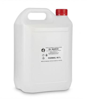 Bidón blanco de plástico opaco de 25 litros con tapa roja, conteniendo formaldehído al 40%.