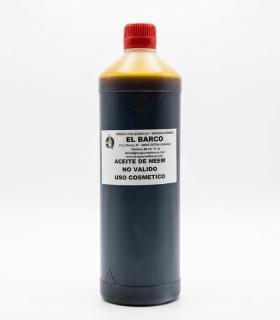 Botella cilíndrica de plástico de 1 litro con aceite de Neem virgen, color marrón oscuro y tapa roja.