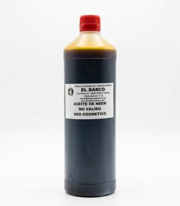 Botella cilíndrica de plástico de 1 litro con aceite de Neem virgen, color marrón oscuro y tapa roja.