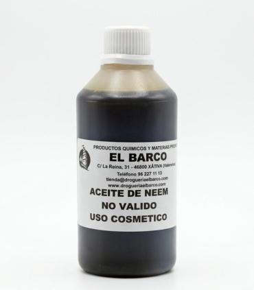 Frasco plástico transparente con tapa blanca conteniendo 250 ml de aceite de neem virgen, oscuro y viscoso.