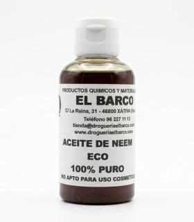 Botella pequeña de plástico transparente con tapa blanca, conteniendo aceite de Neem virgen 100% puro, de color marrón oscuro.