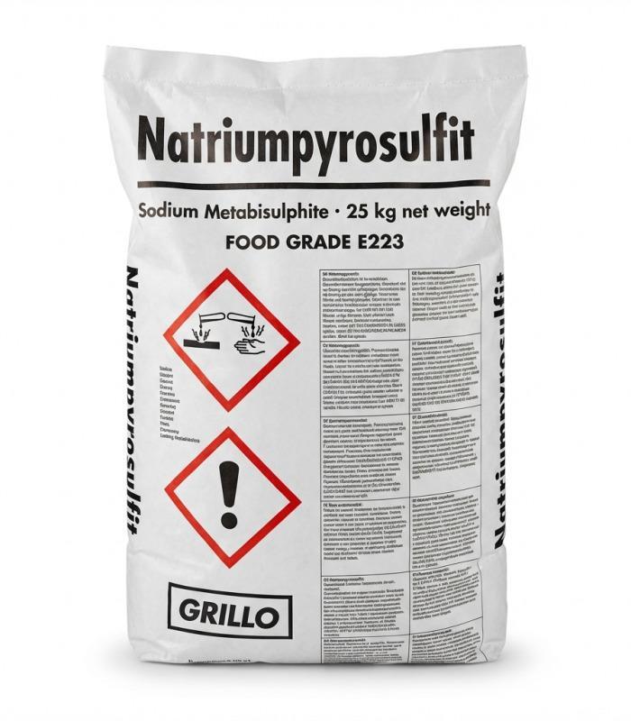 Saco blanco de 25 kg de Metabisulfito Sódico E-223, con texto negro y pictogramas de peligro.