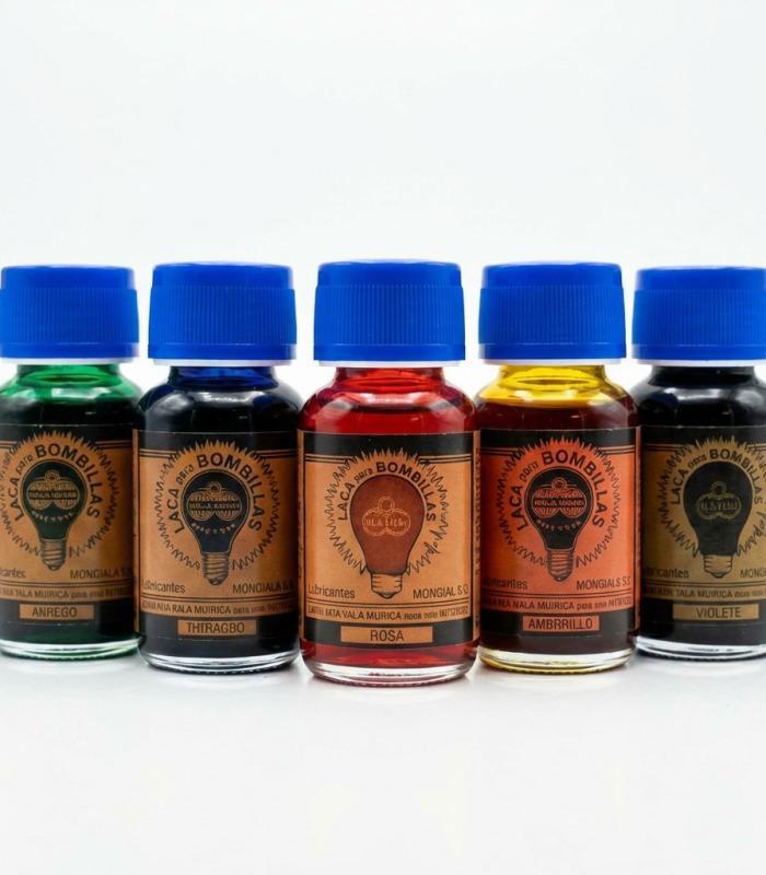 Cinco pequeños frascos de vidrio con tapa azul, conteniendo laca para bombillas de distintos colores vibrantes.