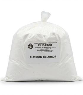 Bolsa blanca sellada con 1 Kg de almidón de arroz en polvo, etiquetada con texto negro.