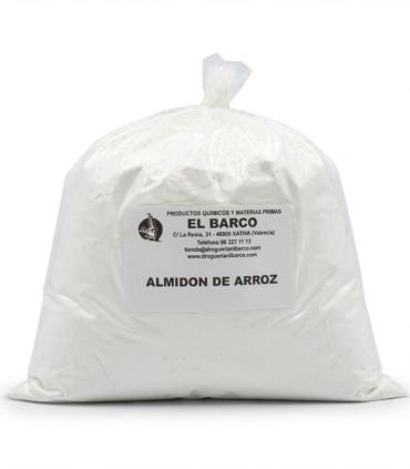 Bolsa blanca sellada con 1 Kg de almidón de arroz en polvo, etiquetada con texto negro.