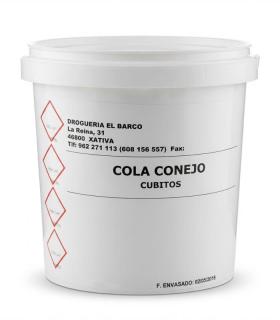 Envase cilíndrico blanco con tapa, conteniendo 500 gramos de Cola Conejo, con etiqueta informativa.