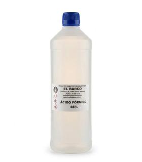Botella de plástico transparente de un litro con tapón azul, que contiene ácido fórmico al 85% con su etiqueta informativa.