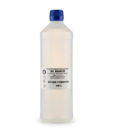 Botella de plástico transparente de un litro con tapón azul, que contiene ácido fórmico al 85% con su etiqueta informativa.