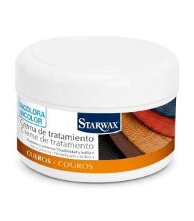Tarro cilíndrico blanco de crema Starwax para cueros, con etiqueta que muestra muestras de colores y tapa a rosca superior.