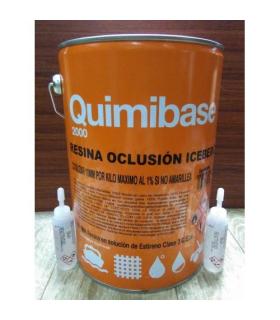 Cubo metálico naranja de 5 kg de Resina de Oclusión Iceberg Quimibast, con dos envases blancos pequeños a los lados.