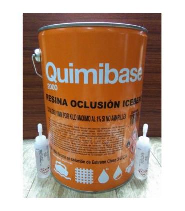 Cubo metálico naranja de 5 kg de Resina de Oclusión Iceberg Quimibast, con dos envases blancos pequeños a los lados.