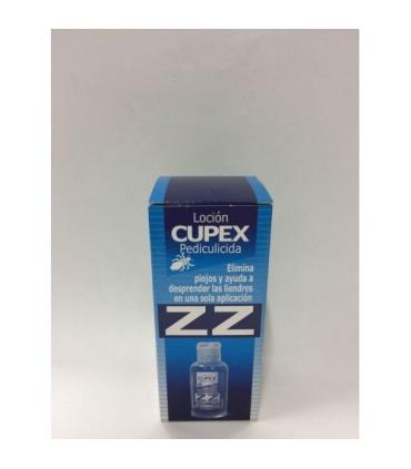 Loción pediculicida ZZ Cupex de 100 ml en envase rectangular azul oscuro con detalles blancos y celestes.