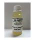 Frasco cilíndrico pequeño de plástico transparente con tapa blanca, conteniendo aceite de almendras dulces amarillo claro.
