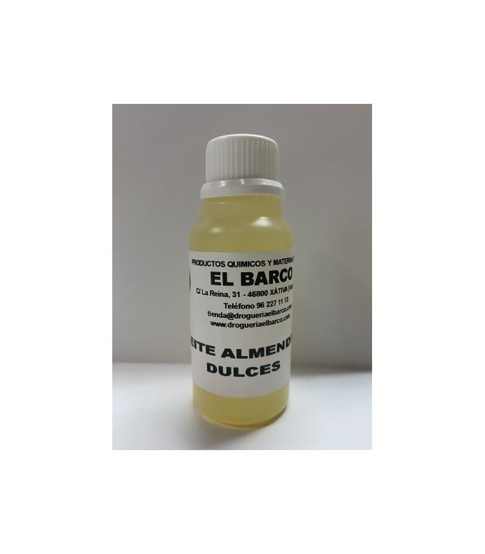Frasco cilíndrico pequeño de plástico transparente con tapa blanca, conteniendo aceite de almendras dulces amarillo claro.